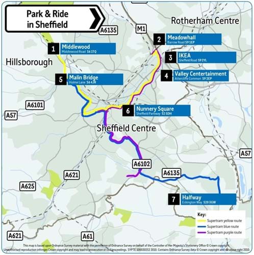 Tram stop map for Sheffield